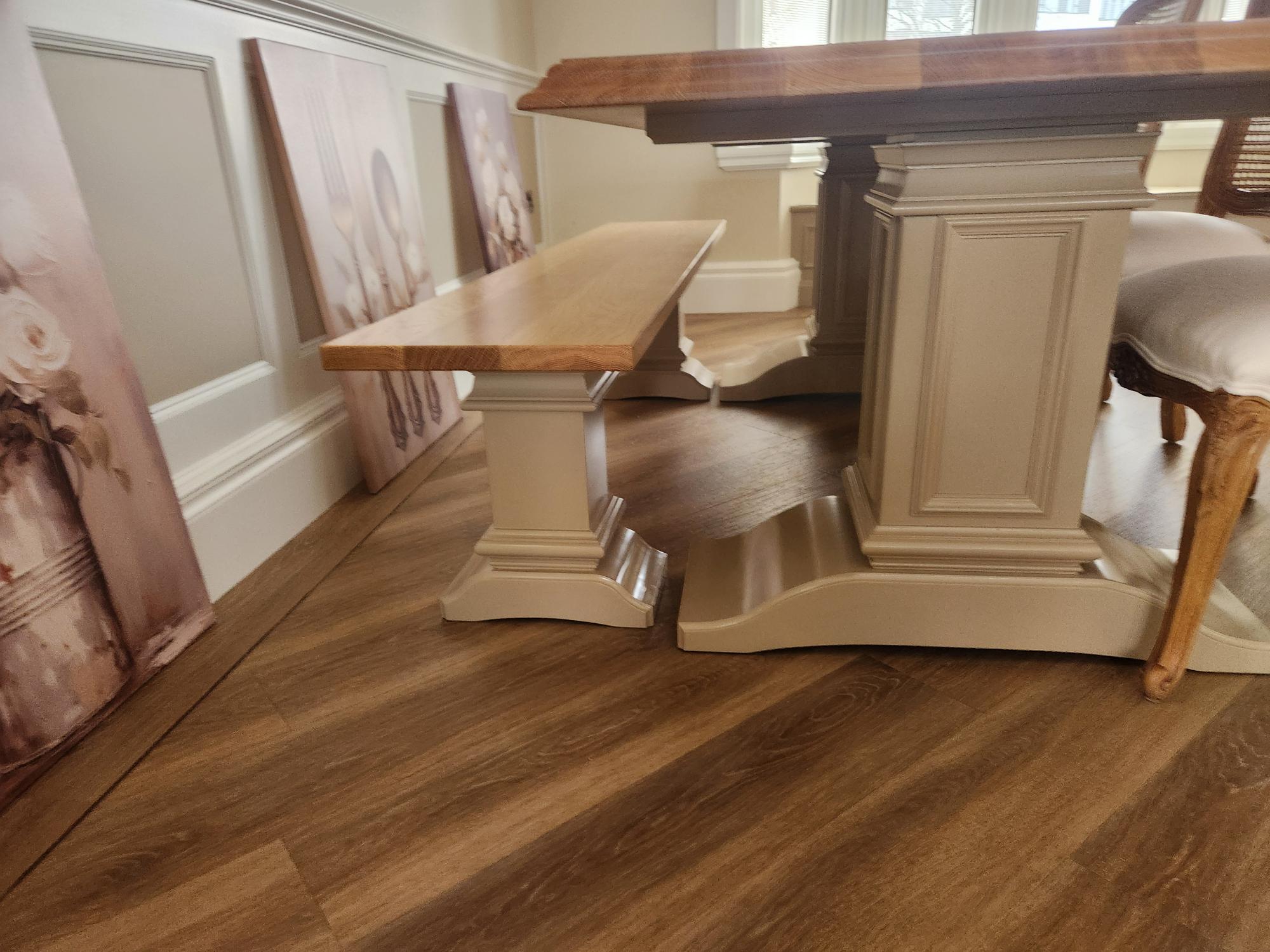 Bespoke oak dining table and bench with painted pedestal bases