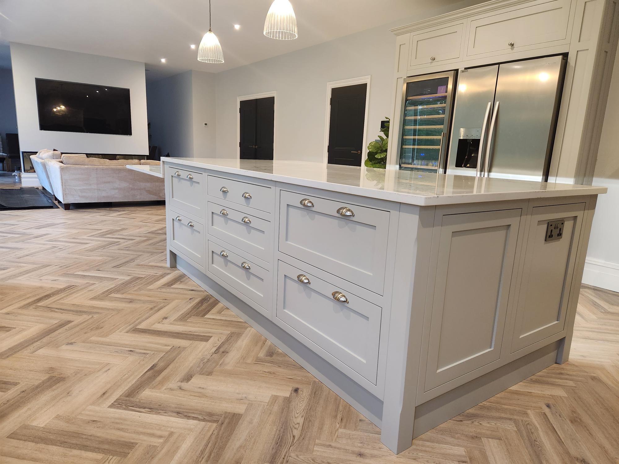 Kitchen island with cup handles and open plan living